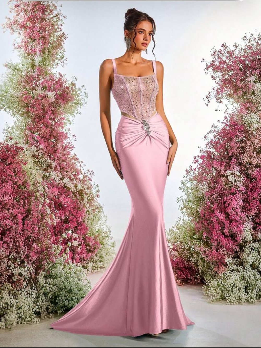 GLAMRAE Pink Sequin Corset Mermaid Gown – Size M / US 6